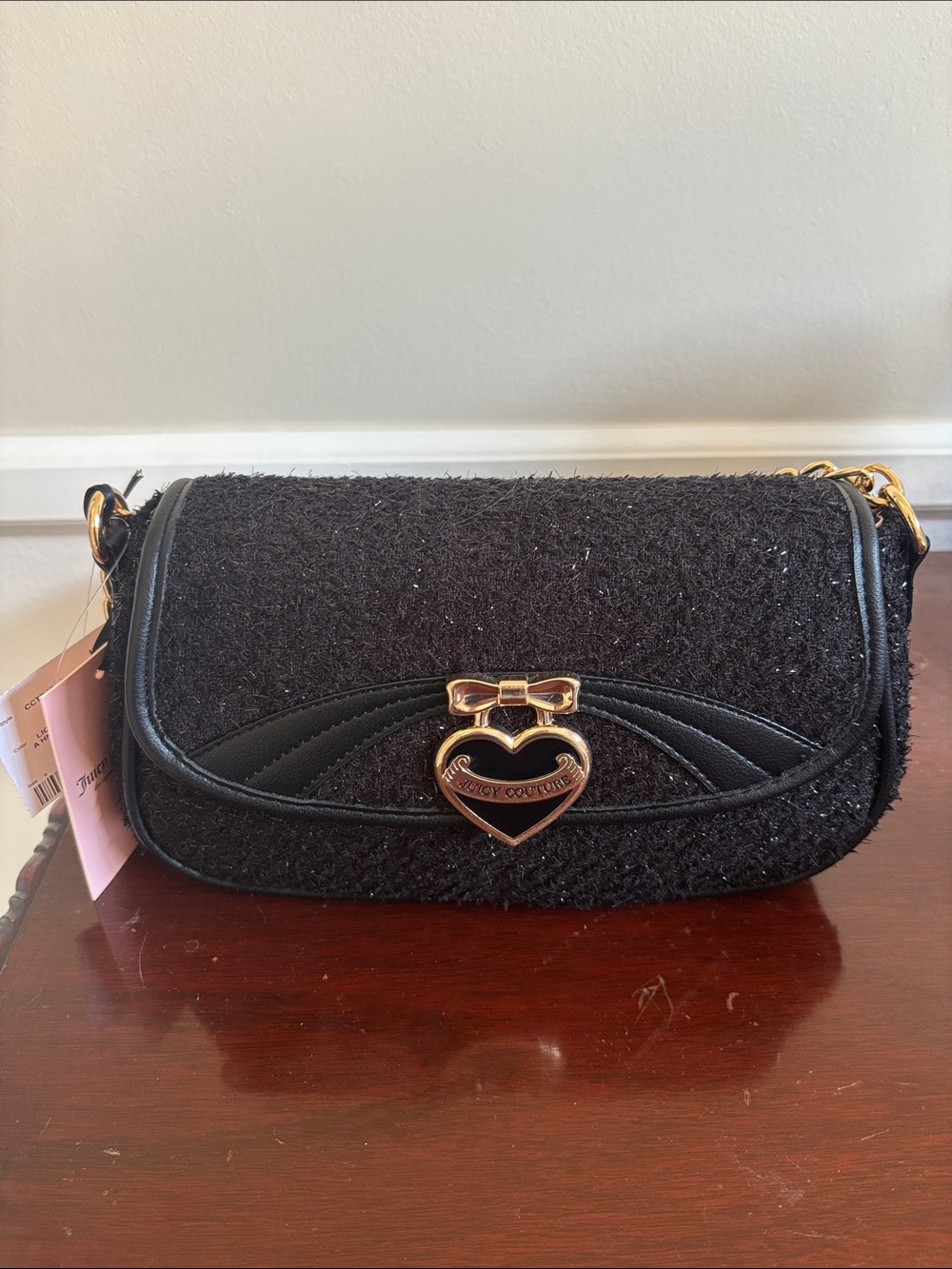 Juicy Couture Black Tweed Crossbody with Gold Heart Charm